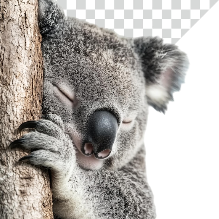 PSD coala adormecido com olhos caídos em close-up