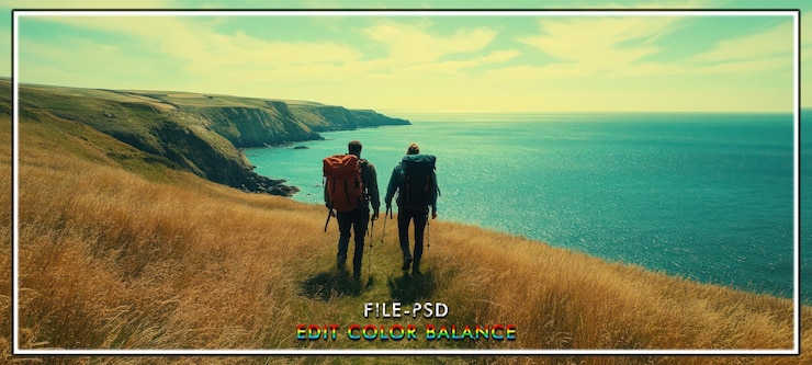 PSD coastal hike two backpackers on clifftop