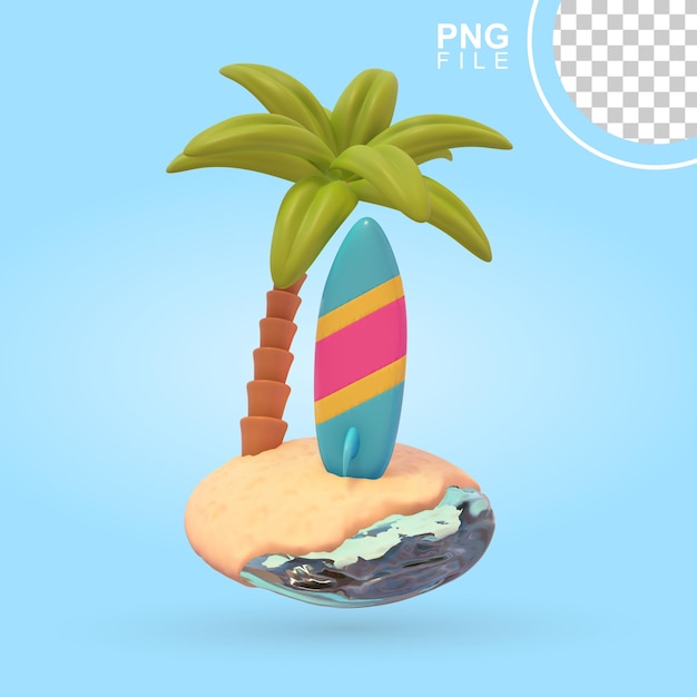 Coastal Serenity 3D Icon of Beachside com palmeira e prancha de surf