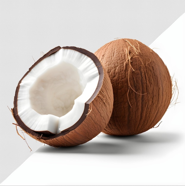 cocco fresco e cocco a fette su sfondo bianco