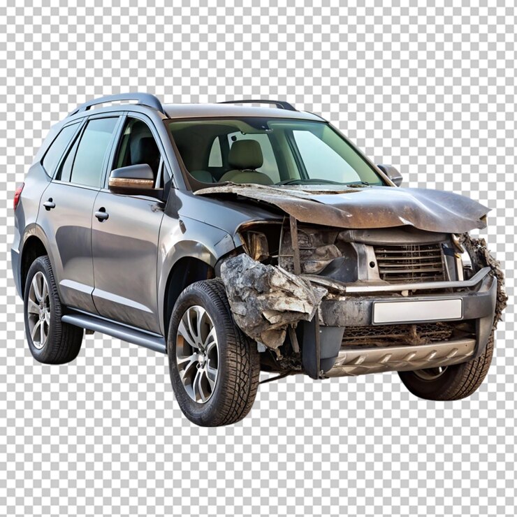 PSD coche abollado sobre un fondo transparente