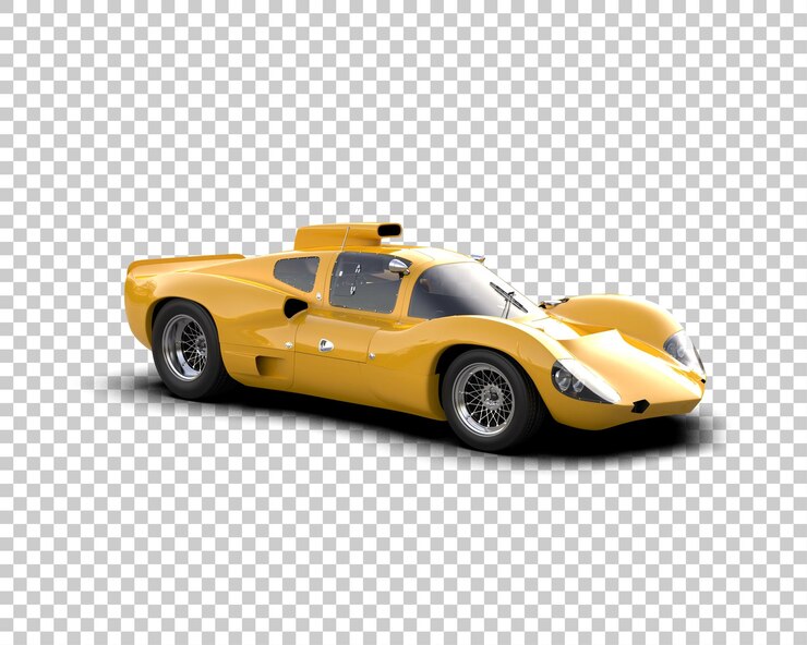 PSD un coche amarillo con el capó abierto se muestra en un fondo blanco