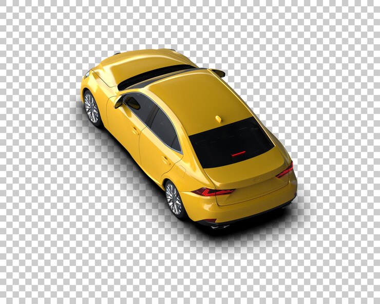 PSD un coche amarillo con el capó abierto se muestra en un fondo transparente