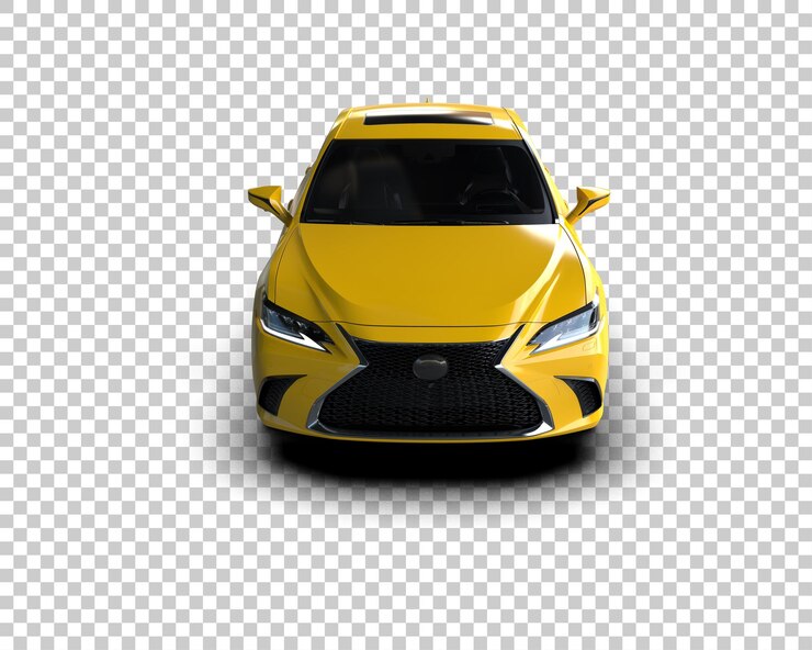 PSD un coche amarillo con los faros encendidos y los faros en la parte delantera