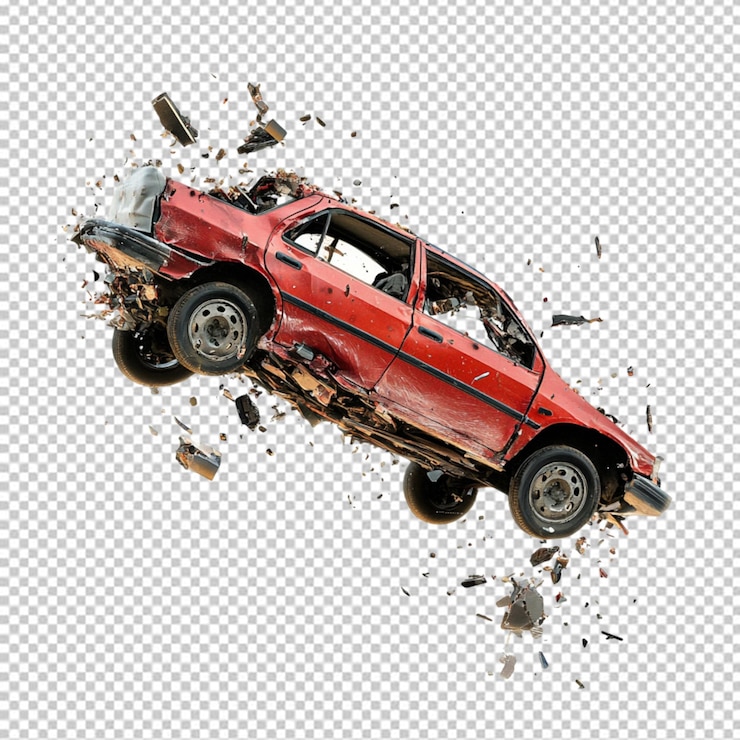 PSD un coche aplastado volando aislado en un fondo transparente