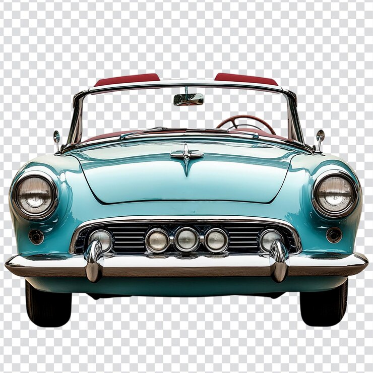 un coche azul con el capó arriba y la palabra Ford en la parte delantera en un fondo transparente