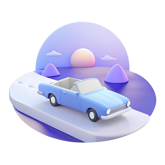 un coche azul con un coche en el techo y el sol en la parte superior