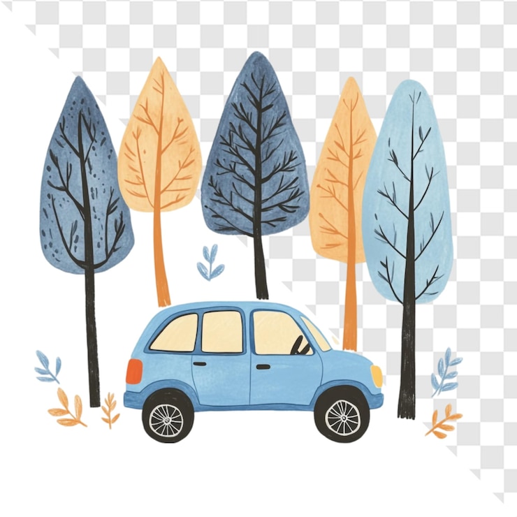 PSD coche azul estacionado en un bosque de otoño caprichoso sintiéndose pacífico y sereno
