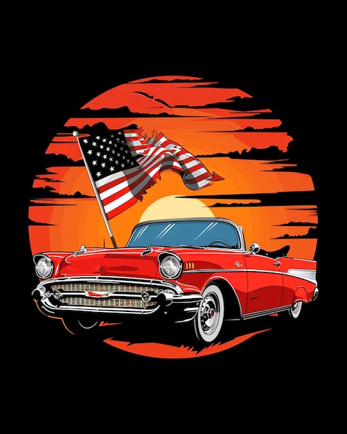 PSD coche con una bandera estadounidense con fondo colorido para el diseño de la camiseta
