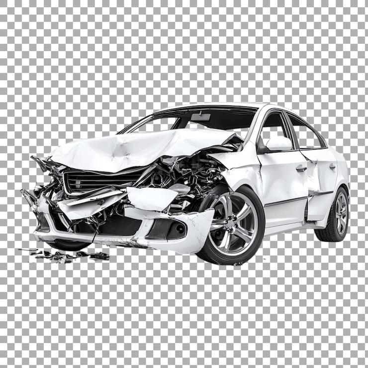 PSD coche blanco de png dañado en un accidente de tráfico contra un fondo transparente
