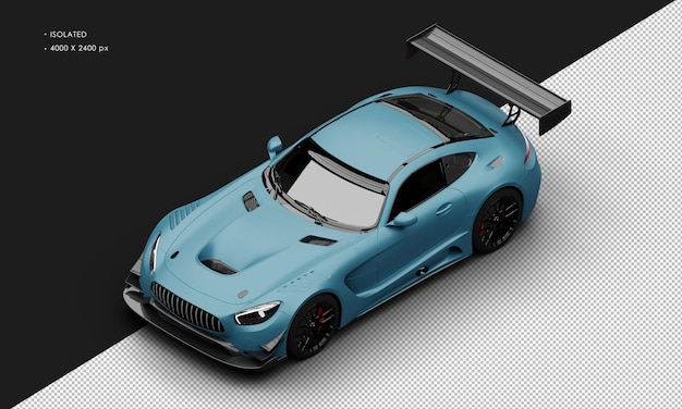 Coche de carreras deportivo de alto rendimiento azul mate realista aislado desde la vista delantera superior izquierda
