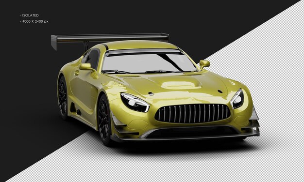 PSD coche de carreras deportivo de alto rendimiento de color amarillo metálico realista aislado desde el ángulo delantero derecho