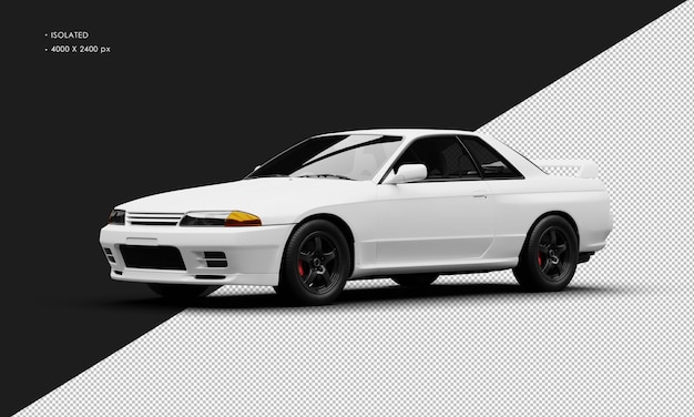 Coche de carreras deportivo clásico aislado blanco mate realista desde la vista delantera izquierda
