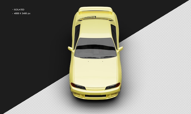 Coche de carreras deportivo clásico amarillo metálico aislado realista desde la vista frontal superior