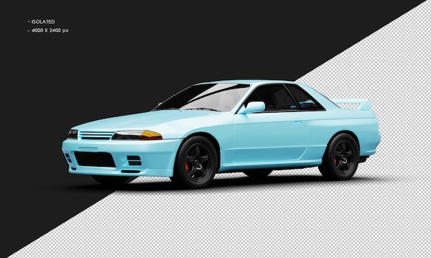 Coche de carreras deportivo clásico azul metálico aislado realista desde la vista frontal izquierda