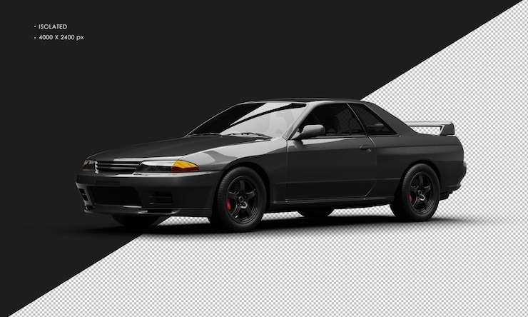 PSD coche de carreras deportivo clásico negro metálico aislado realista desde la vista frontal izquierda