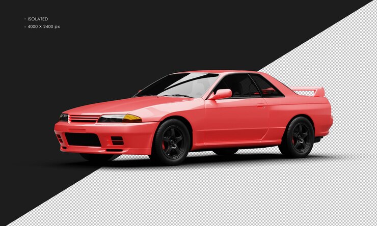 PSD coche de carreras deportivo clásico rojo metálico aislado realista desde la vista frontal izquierda