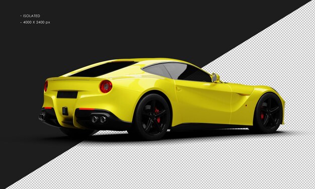 Coche de carreras moderno super sport amarillo metálico realista aislado desde la vista trasera derecha