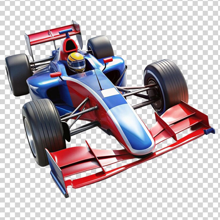 PSD un coche de carreras rojo y azul con un conductor en un casco en un fondo transparente