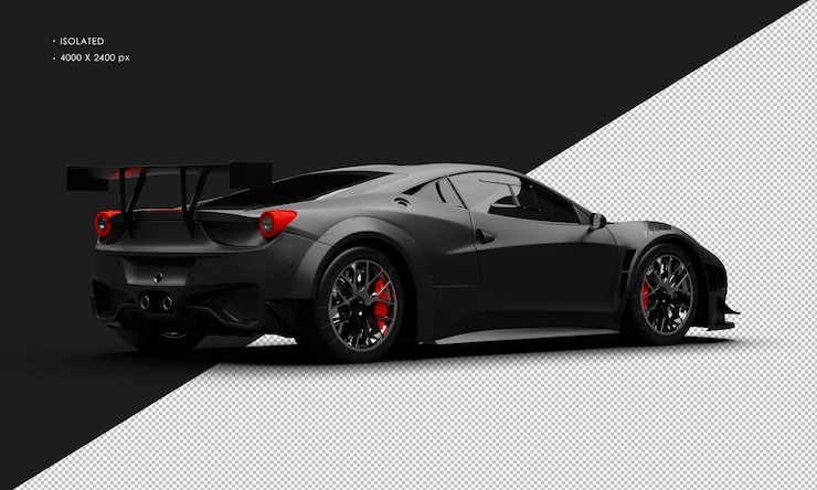 PSD coche de carreras super sport moderno negro mate realista aislado desde la vista trasera derecha