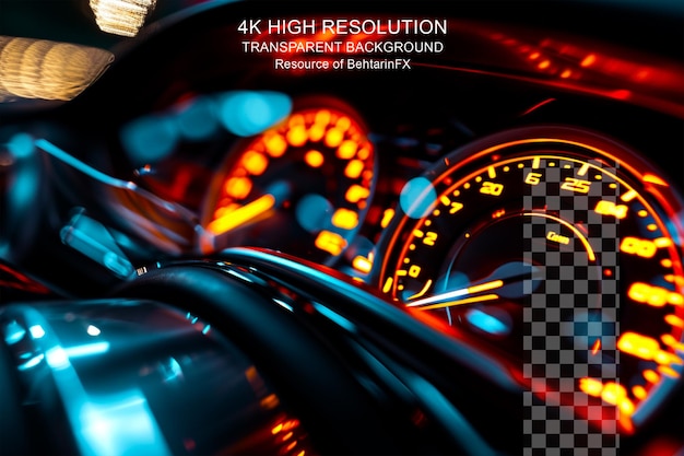 PSD coche de carreras y velocímetro que muestra hud de alta velocidad con efectos de luz sobre fondo transparente