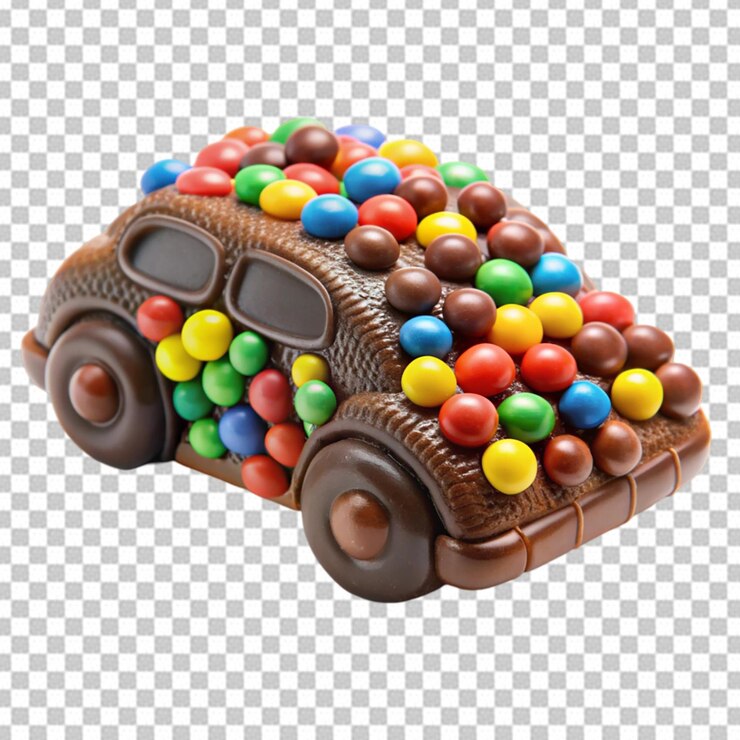PSD un coche de chocolate cubierto de varios dulces y café