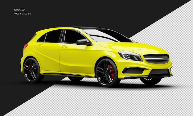 Coche de ciudad moderno y elegante deportivo amarillo metálico brillante realista aislado desde la vista frontal derecha