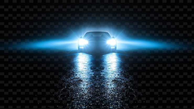 PSD un coche conduciendo en una carretera húmeda con una luz azul en la parte trasera