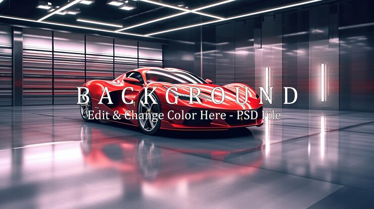 PSD coche deportivo rojo sin marca en un garaje futurista con fondo de renderización en 3d