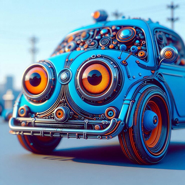 PSD un coche de dibujos animados con una cara azul y ojos naranjas generativos