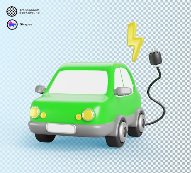 Coche eléctrico verde 3D con enchufe de cable y relámpago Vehículo moderno con energía de batería por electricidad Automóvil con combustible de energía ecológica aislado en fondo azul Icono de renderización de dibujos animados
