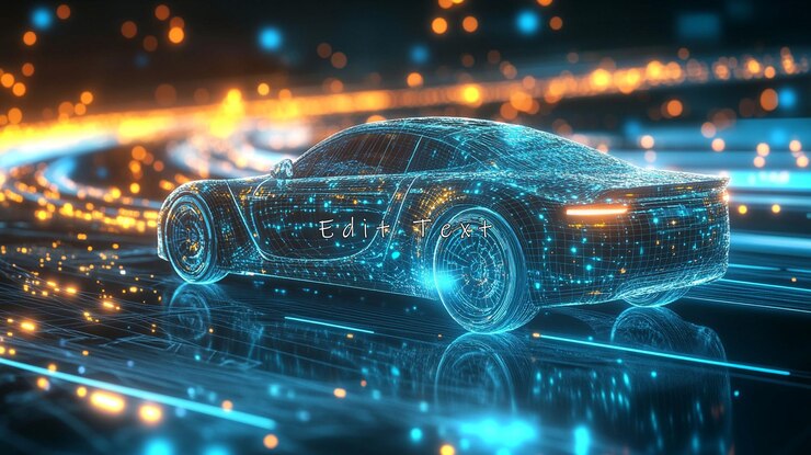 PSD coche futurista acelerando en la autopista digital