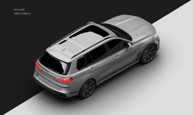 Coche Grand Suv moderno de lujo gris plateado metálico realista aislado desde la vista trasera superior derecha