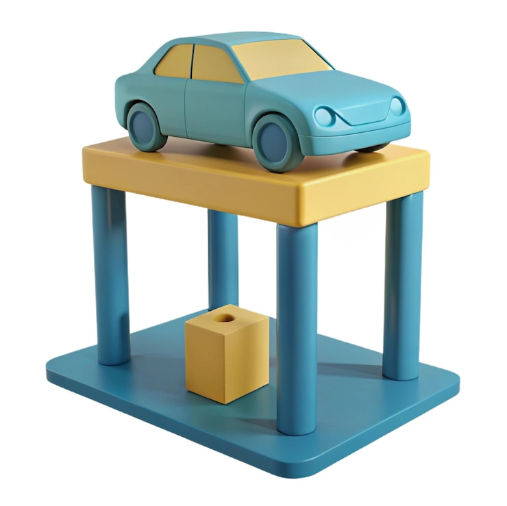 PSD un coche de juguete está en una plataforma azul con una caja debajo