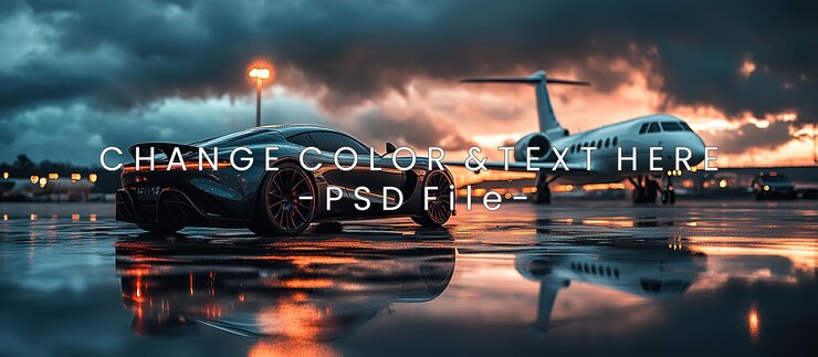 PSD coche de lujo y jet privado al atardecer reflejándose en el asfalto mojado