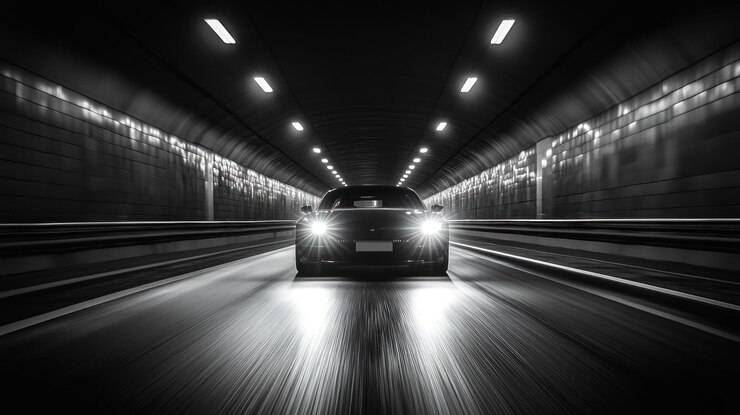 PSD un coche negro conduce a través de un largo túnel oscuro con faros brillantes que iluminan la carretera por delante