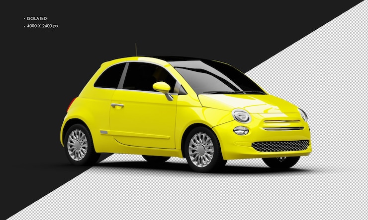PSD coche pequeño de ciudad mini moderno amarillo realista aislado desde la vista frontal derecha