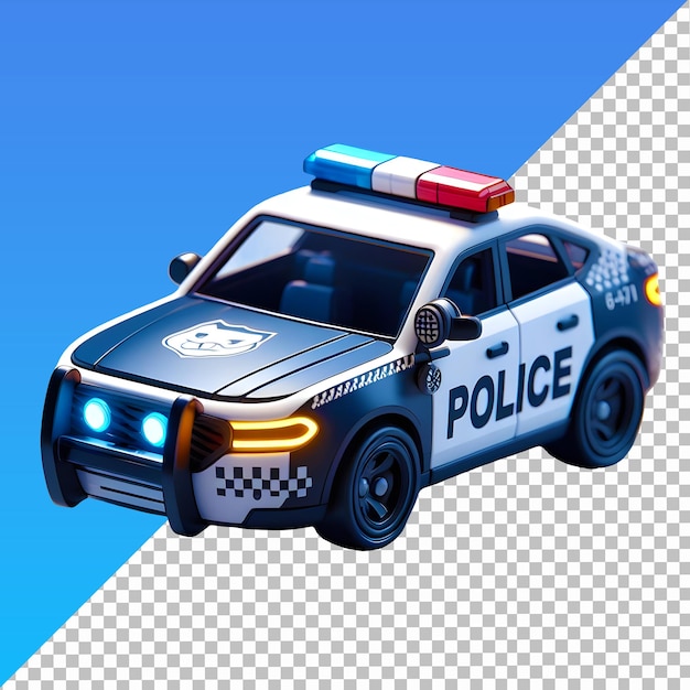 Coche de policía de dibujos animados 3d aislado en un fondo transparente