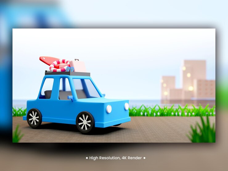 PSD coche de renderizado 3d con elementos de viaje en carretera e ilustración de edificios borrosos
