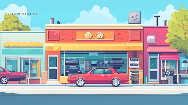 PSD coche rojo estacionado fuera de la tienda de piezas de auto en la calle soleada
