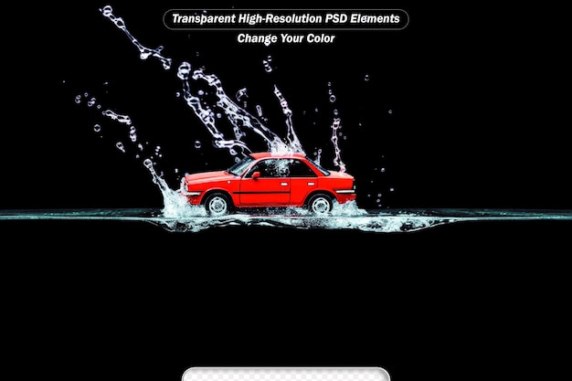PSD un coche rojo golpea el fondo negro del agua