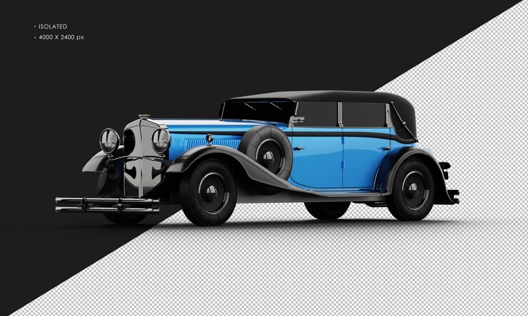 PSD coche sedán de ciudad clásico elegante azul brillante realista aislado desde la vista frontal izquierda