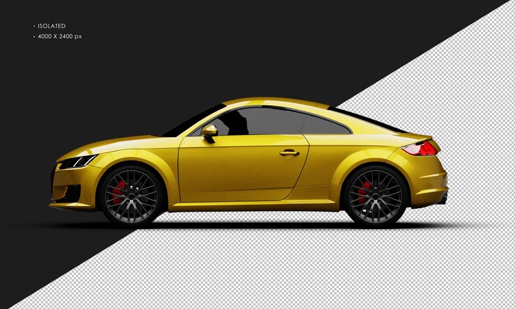 PSD coche sedán de ciudad deportiva moderno amarillo brillante realista aislado desde la vista lateral izquierda