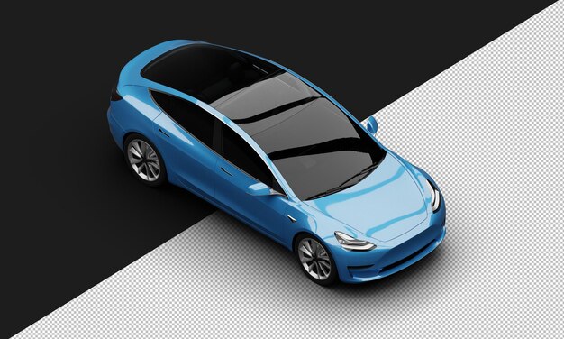 Coche sedán de ciudad eléctrico moderno azul brillante realista aislado desde la vista frontal superior derecha