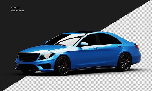 Coche sedán de ciudad elegante de lujo azul brillante realista aislado desde la vista frontal izquierda