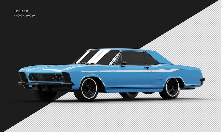 PSD coche sedán elegante clásico azul brillante aislado realista desde la vista frontal izquierda