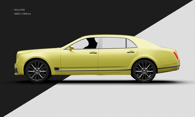 Coche sedán de gran lujo de tamaño completo amarillo metálico realista aislado desde la vista lateral izquierda