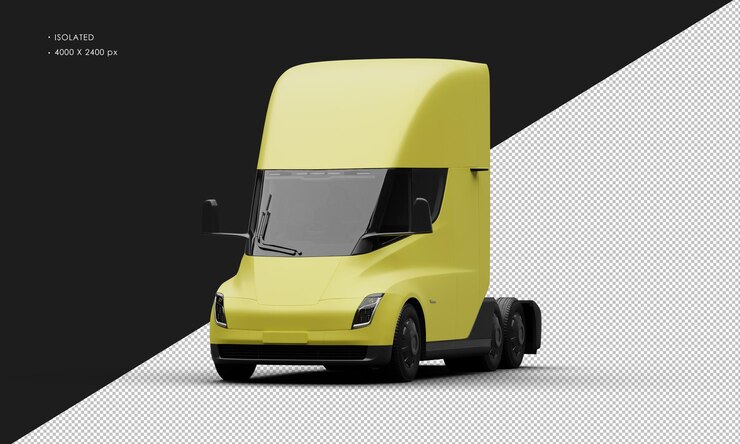 PSD coche semirremolque completamente eléctrico amarillo mate realista aislado desde la vista del ángulo frontal izquierdo