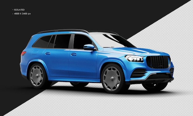 Coche SUV deportivo moderno de alto rendimiento azul metálico realista aislado desde la vista frontal derecha
