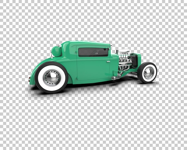 un coche verde con un borde blanco y llantas negras se sienta en una superficie blanca